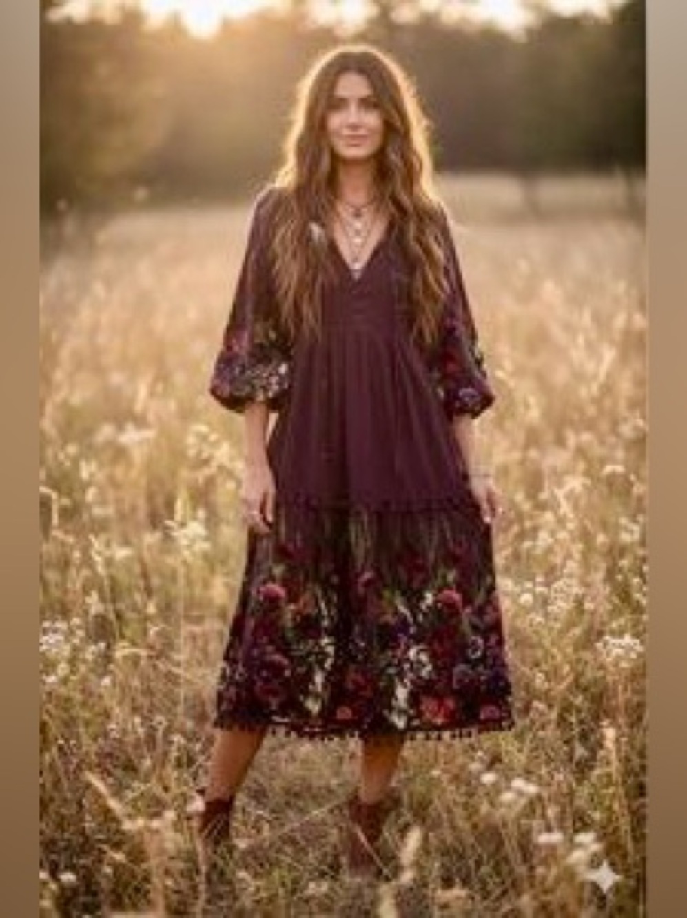 Jaase Plum Floral Bohemian V‑Neck Midi Dress W Pom Pom Trim Balloon‎ Sleeves L